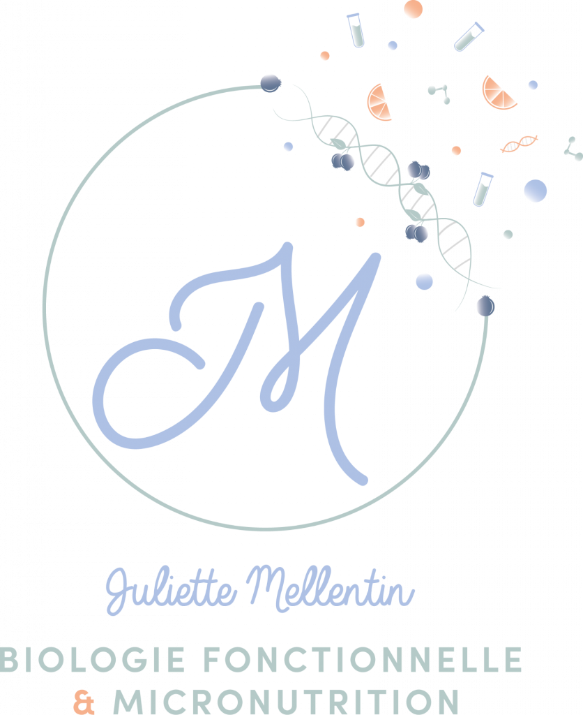 logo de Juliette Mellentin, l'initiale JM est écrit en bleu lavande, il est entouré d'un demis cercle et de fleurs, en dessous est écrit : Juliette Mellentin, biologie fonctionnelle et micronutrition