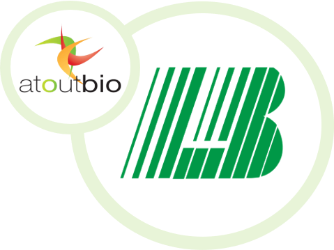 Logo de la marque Bioavenir vert et orange avec les initiales LB et la mention Atoutbio